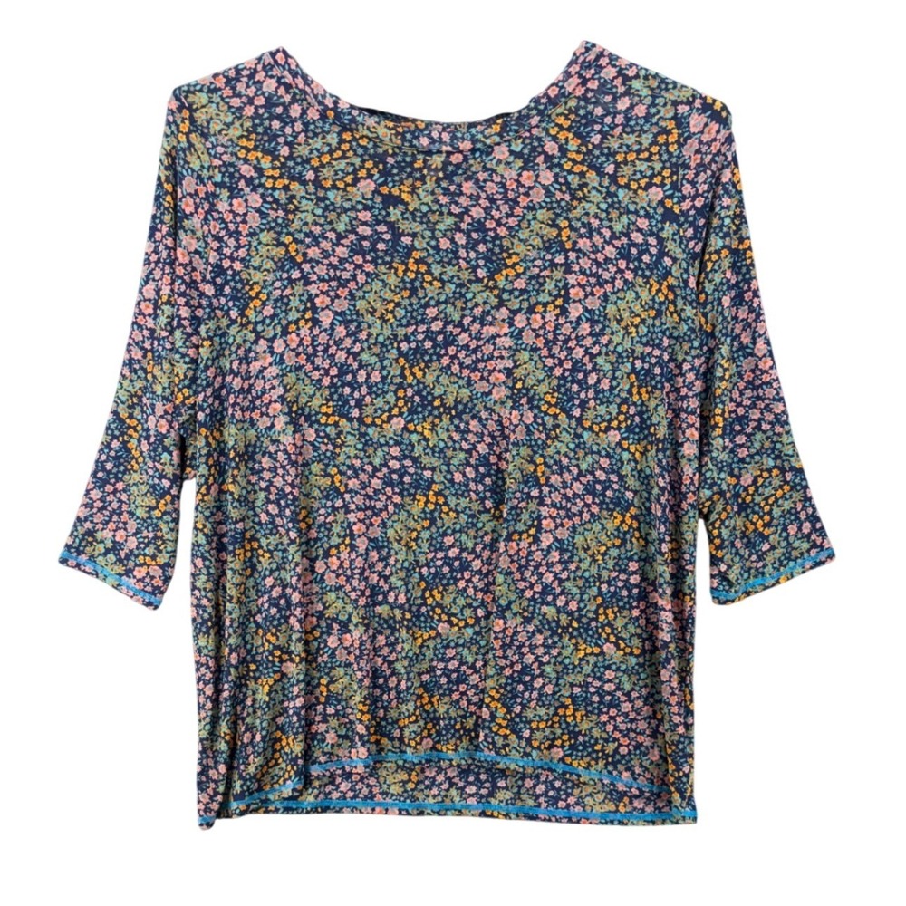LOGO Lori Goldstein Womens Double Mesh Floral Top Size 3X Blue 3/4 Sleeve Floral